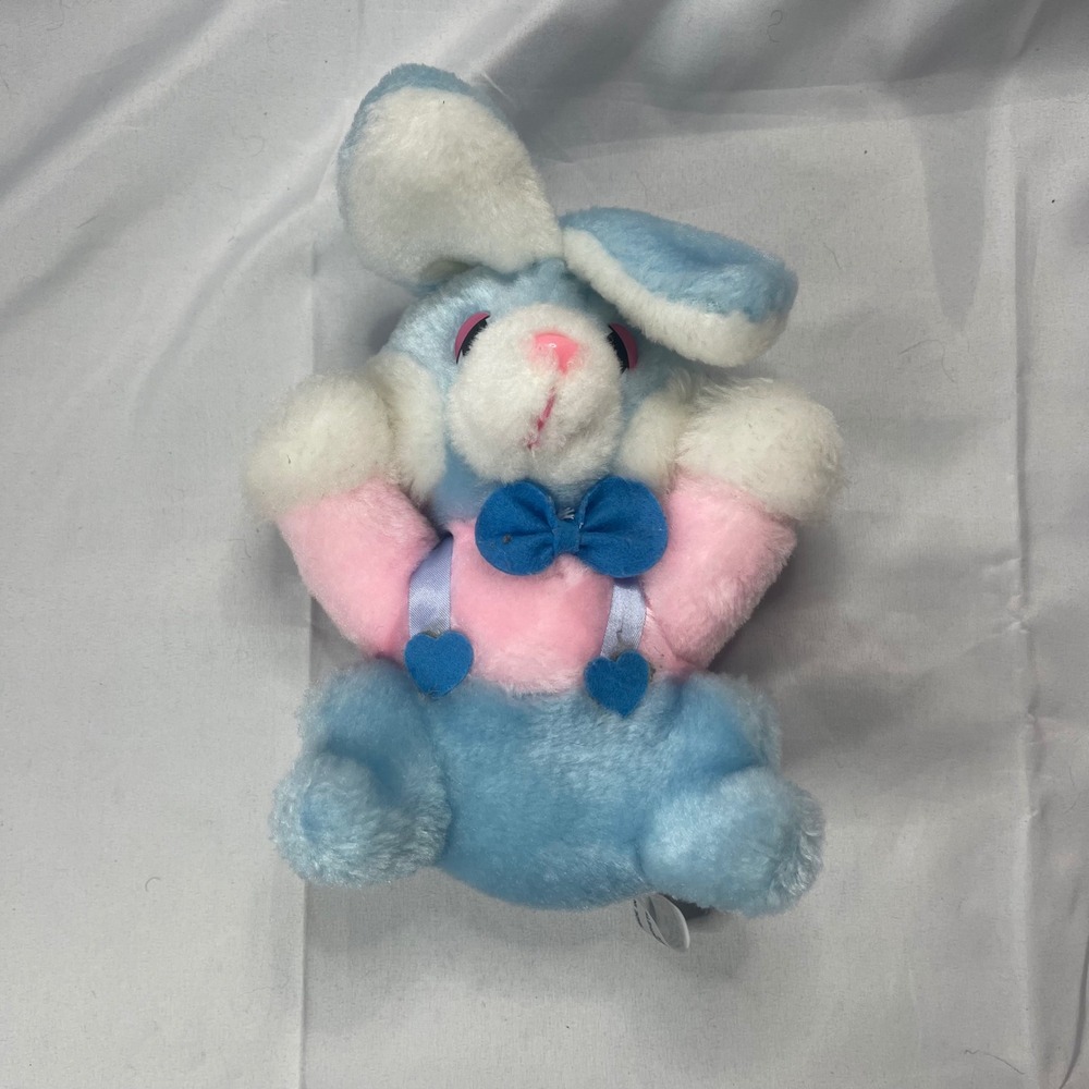 Vintage Pastel Blue Pink Bunny Rabbit Plush Bow Tie Heart Suspenders 8 Inch